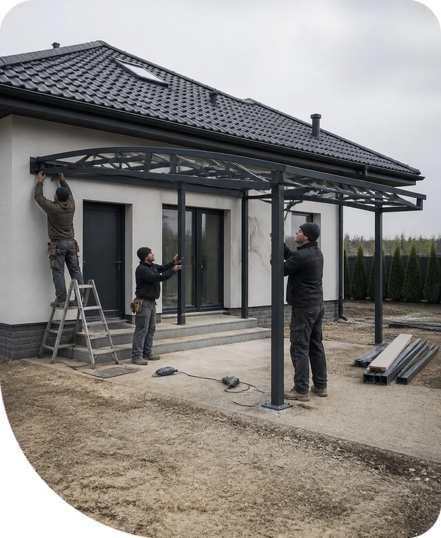Изготовление и монтаж навеса к дому под ключ в Ступине